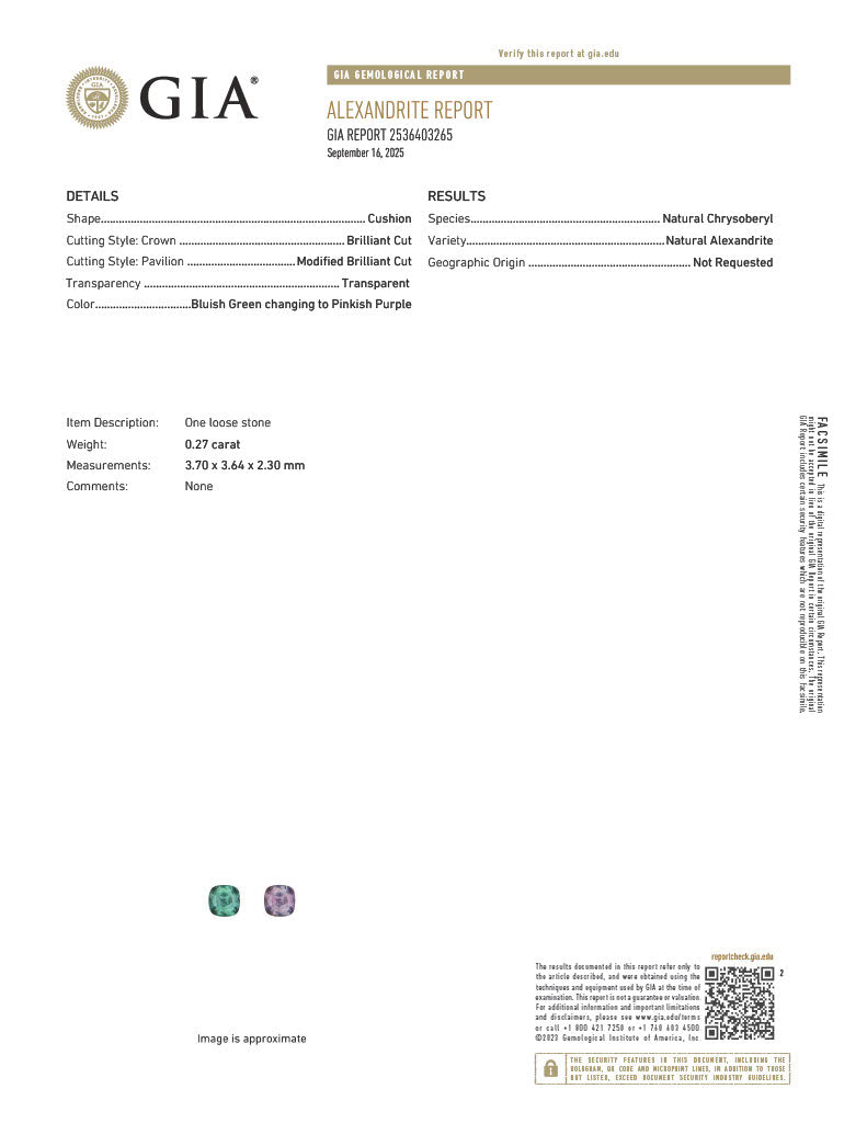 GIA certificate for 0.27ct natural alexandrite showing color change from bluish green to pinkish purple