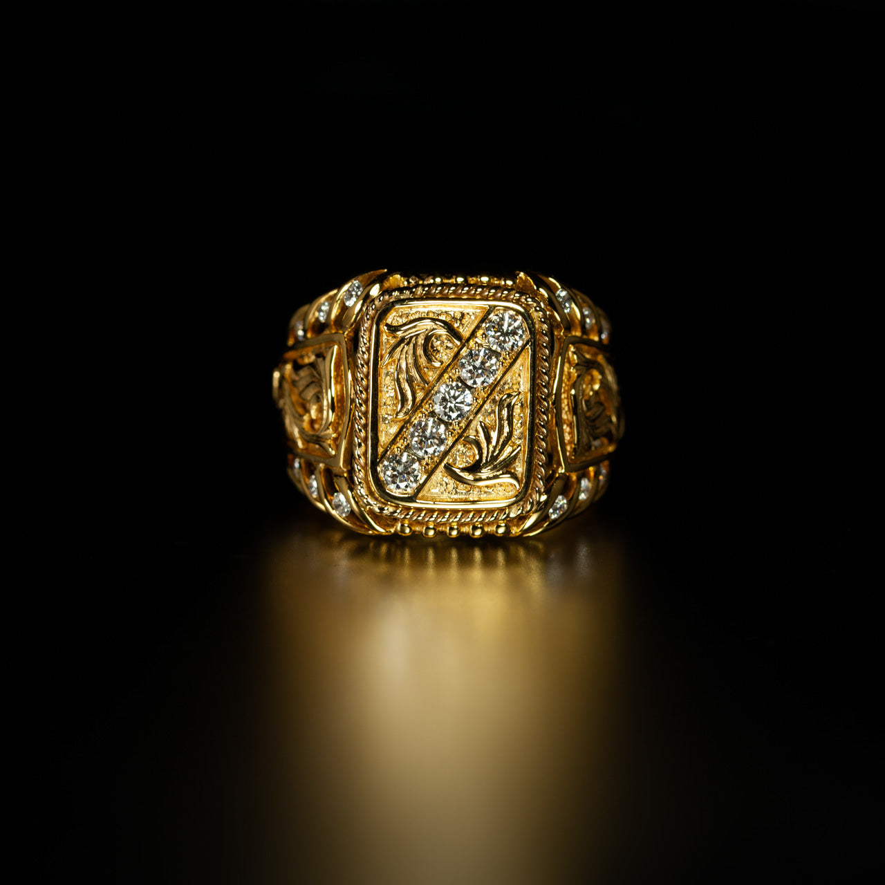 0.61ctw diamond 18k yellow gold men's ornate vintage-style signet ring with five center diamonds and twelve accent diamonds on twisted band
