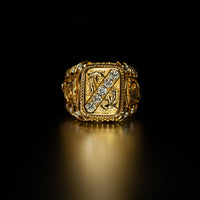 Thumbnail for 0.61ctw diamond 18k yellow gold men's ornate vintage-style signet ring with five center diamonds and twelve accent diamonds on twisted band
