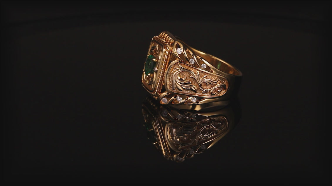 0.64ct Natural Emerald 18k Yellow Gold Men's Signet Ring