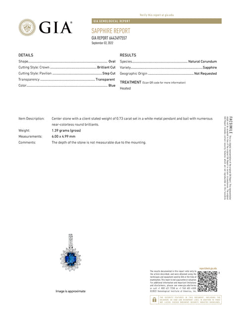0.73ct natural blue sapphire pendant with diamonds set in 18k white gold