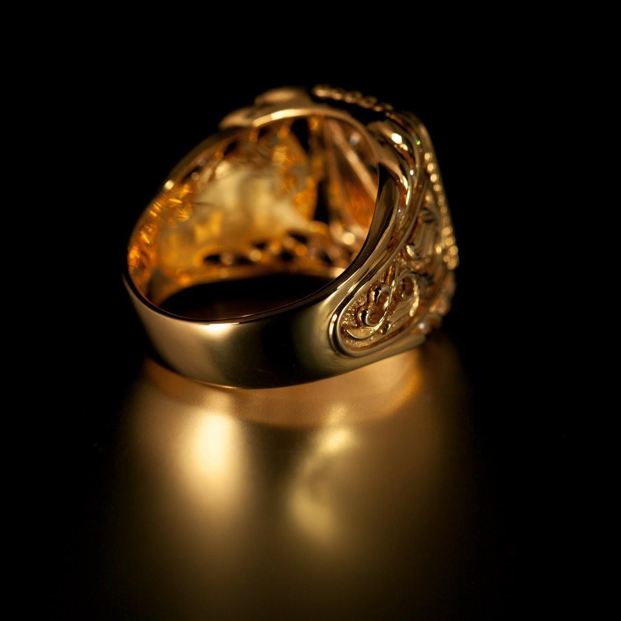 0.61ctw diamond 18k yellow gold men's ornate medieval signet ring with intricate detailing and polished finish