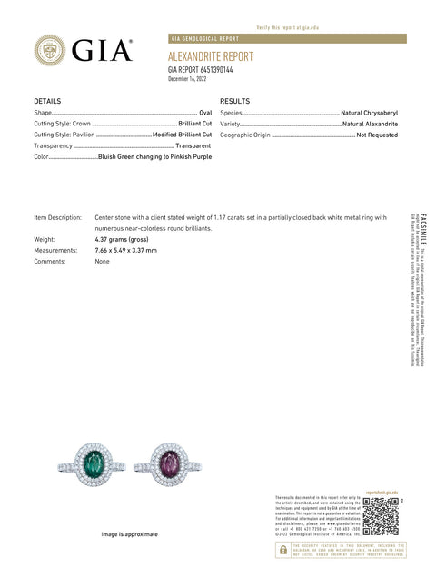 Close-up of a 1.17ct natural alexandrite ring in 18k white gold with a GIA certificate