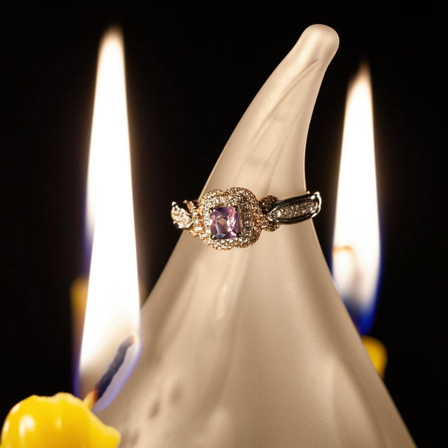 0.51ct natural alexandrite ring in 18k multitone gold presented on a candle
