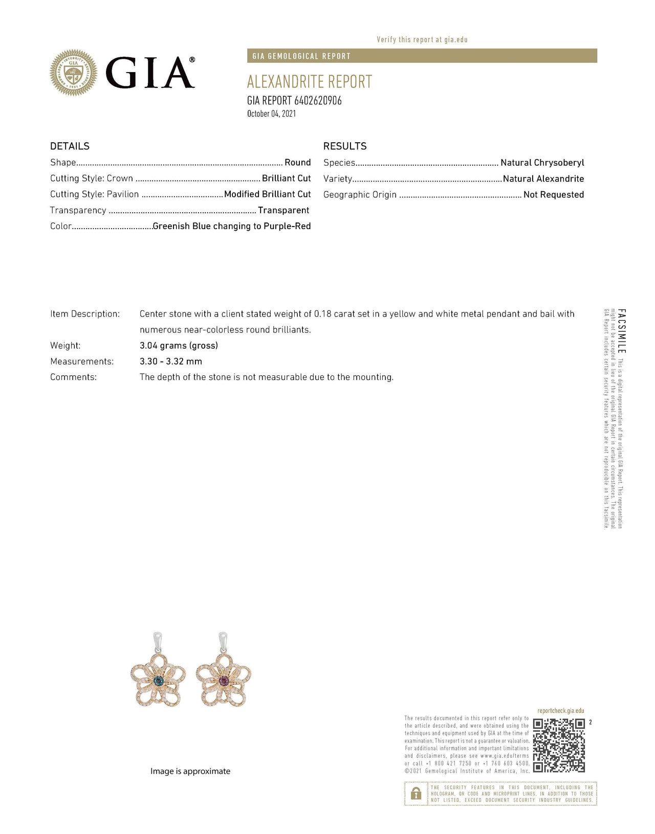 Natural alexandrite and diamond flower pendant in 18k rose and white gold multitone setting with GIA certificate.