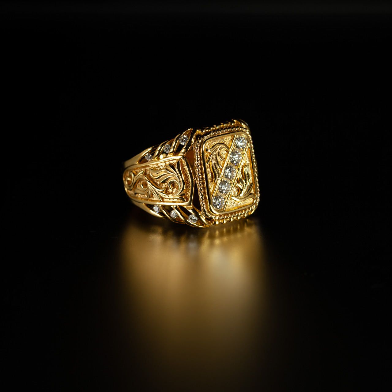 0.61ctw diamond 18k yellow gold men's ornate signet ring with vintage medieval design and accent diamonds
