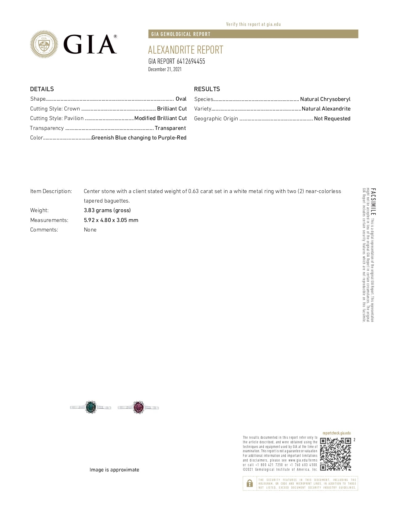 0.63ct natural alexandrite platinum ring with triple-claw prong setting and two baguette-cut diamond accents