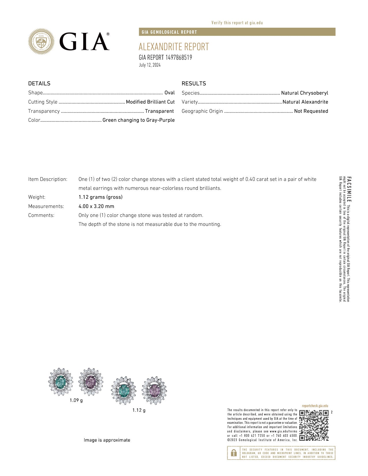 0.40ctw Natural Alexandrite 18k White Gold Stud Earrings