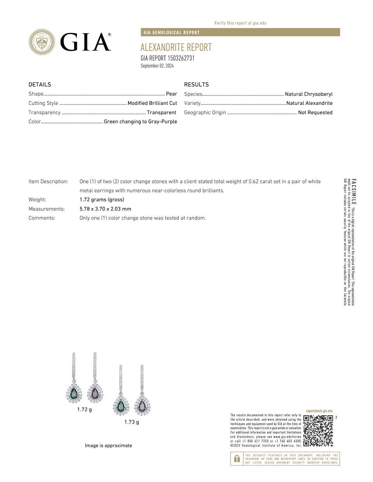 0.62ctw Natural Alexandrite 18k White Gold Drop Earrings