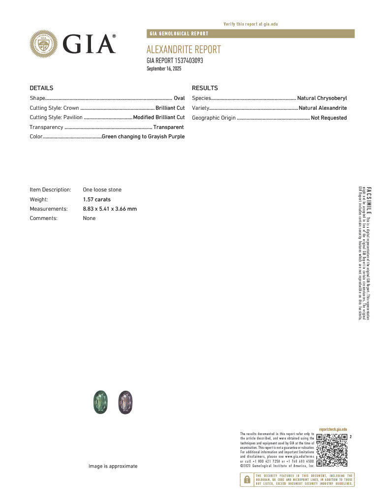 GIA certified 1.57ct natural oval alexandrite gemstone showing green to grayish purple color change