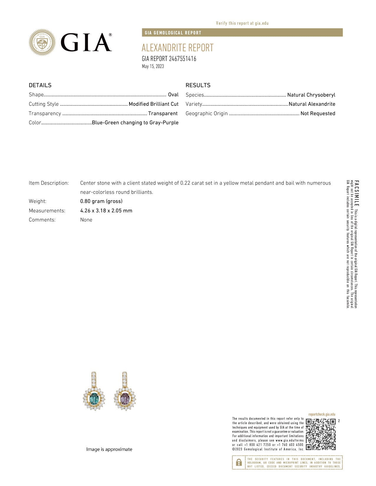 0.22ct Natural Alexandrite 18k Yellow Gold Pendant