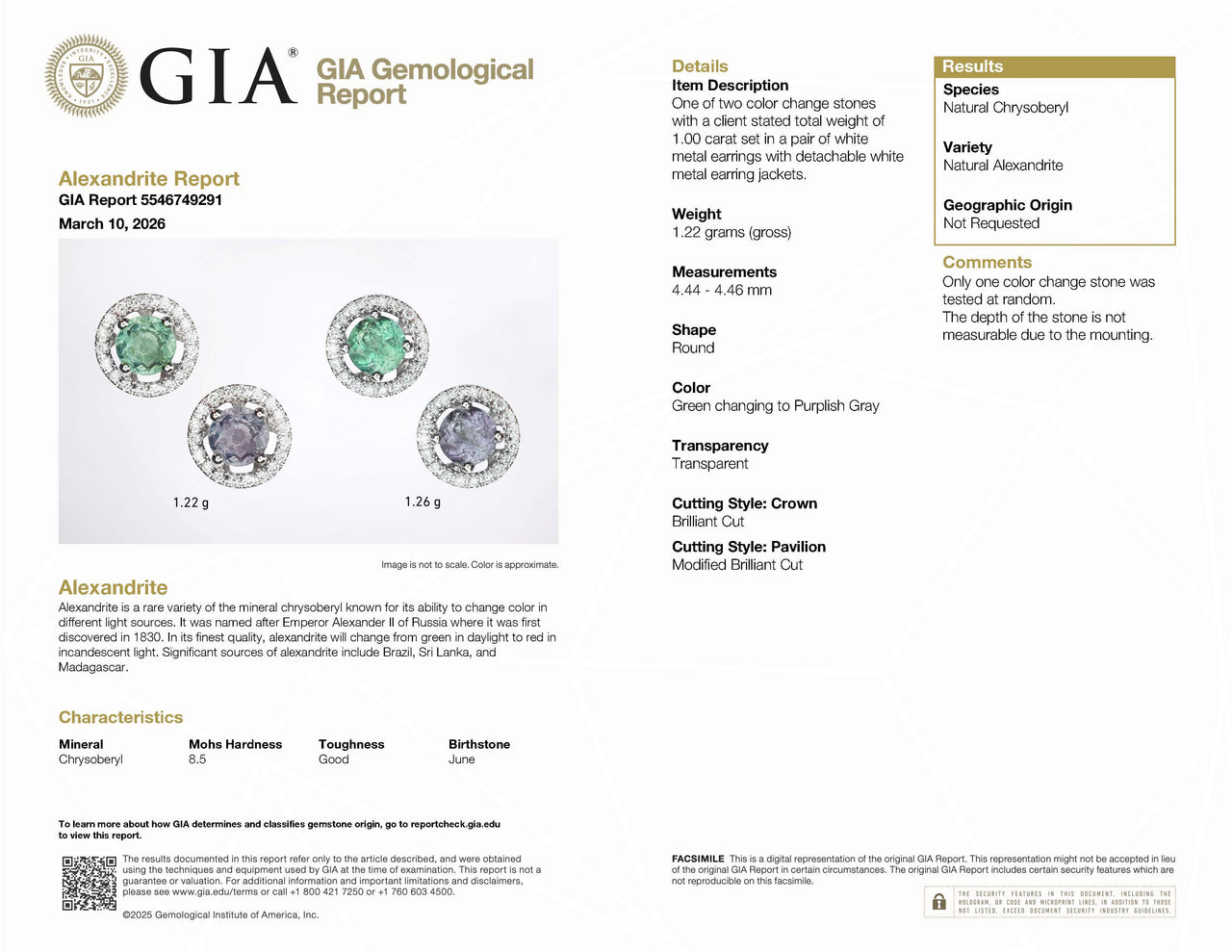 1.00ctw Natural Alexandrite 18k White Gold Stud Earrings With Diamond Jackets
