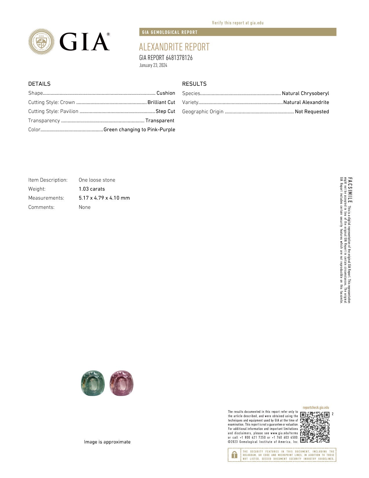 1.03ct natural alexandrite cushion gemstone with GIA report showing green to pink-purple color change