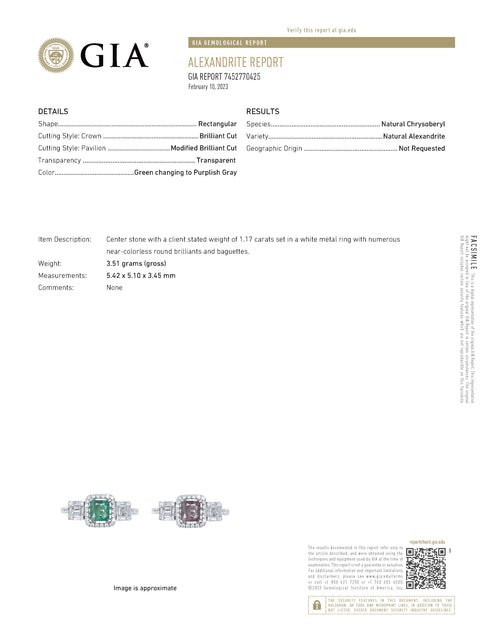 A 1.17ct natural Alexandrite and diamond ring in 18k white gold with a GIA certification