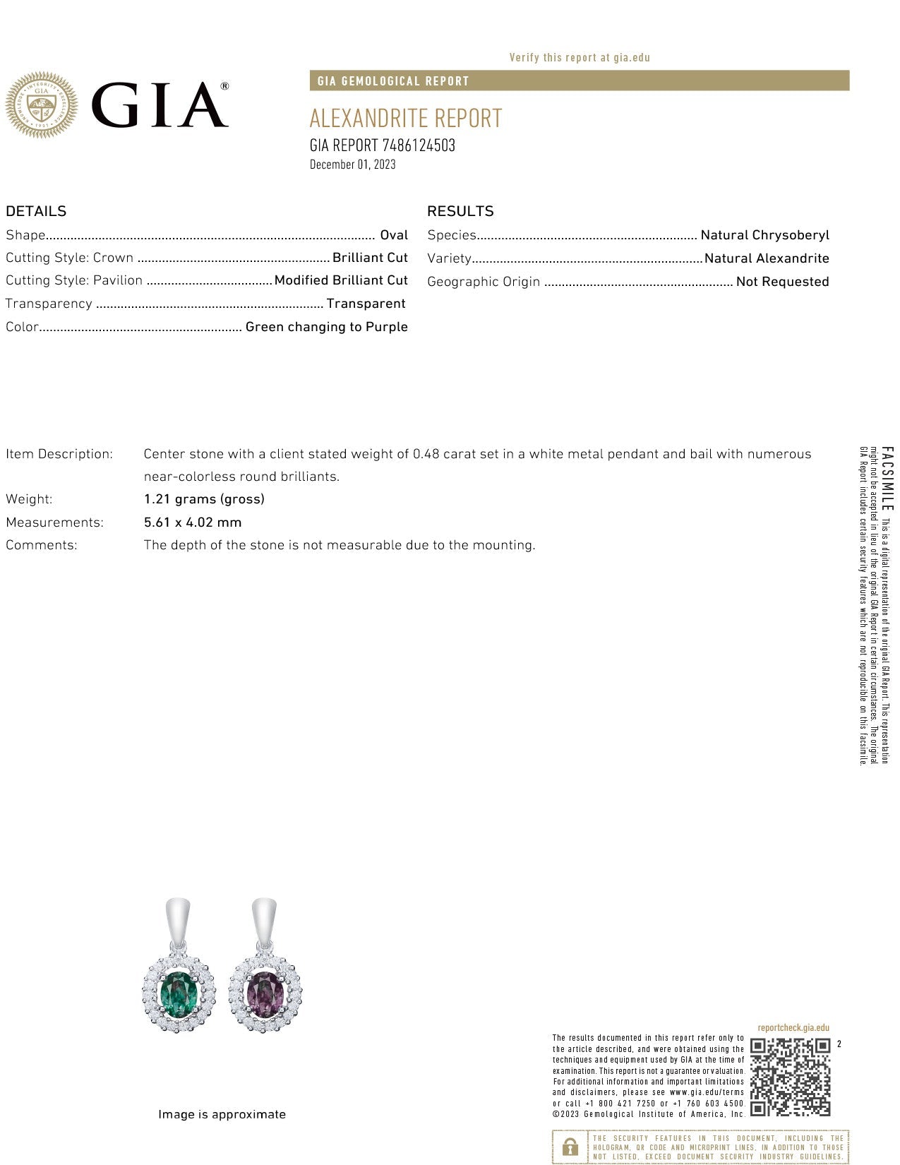 0.48ct Natural Alexandrite 18k White Gold Pendant