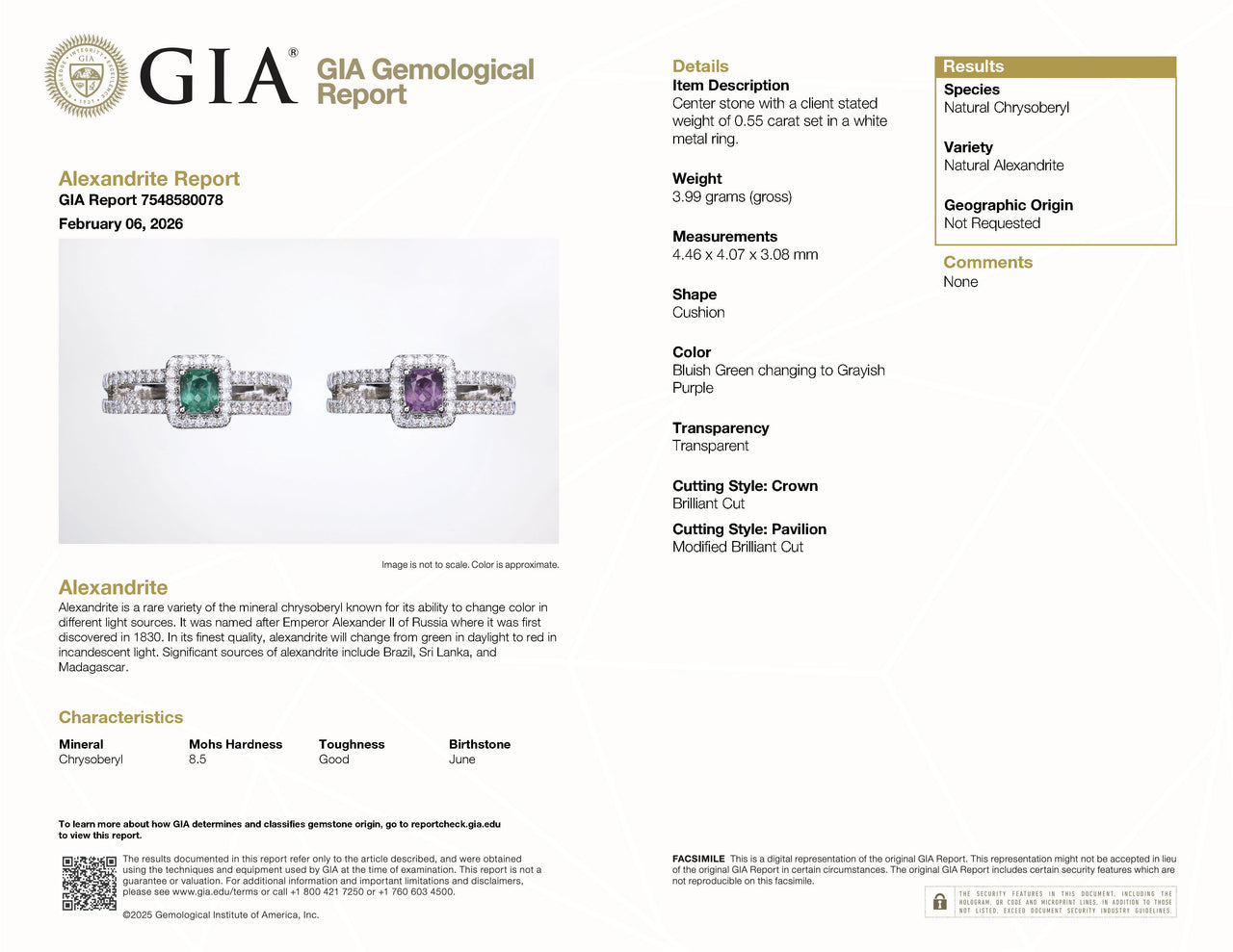 0.55ct Natural Alexandrite 18k White Gold Ring