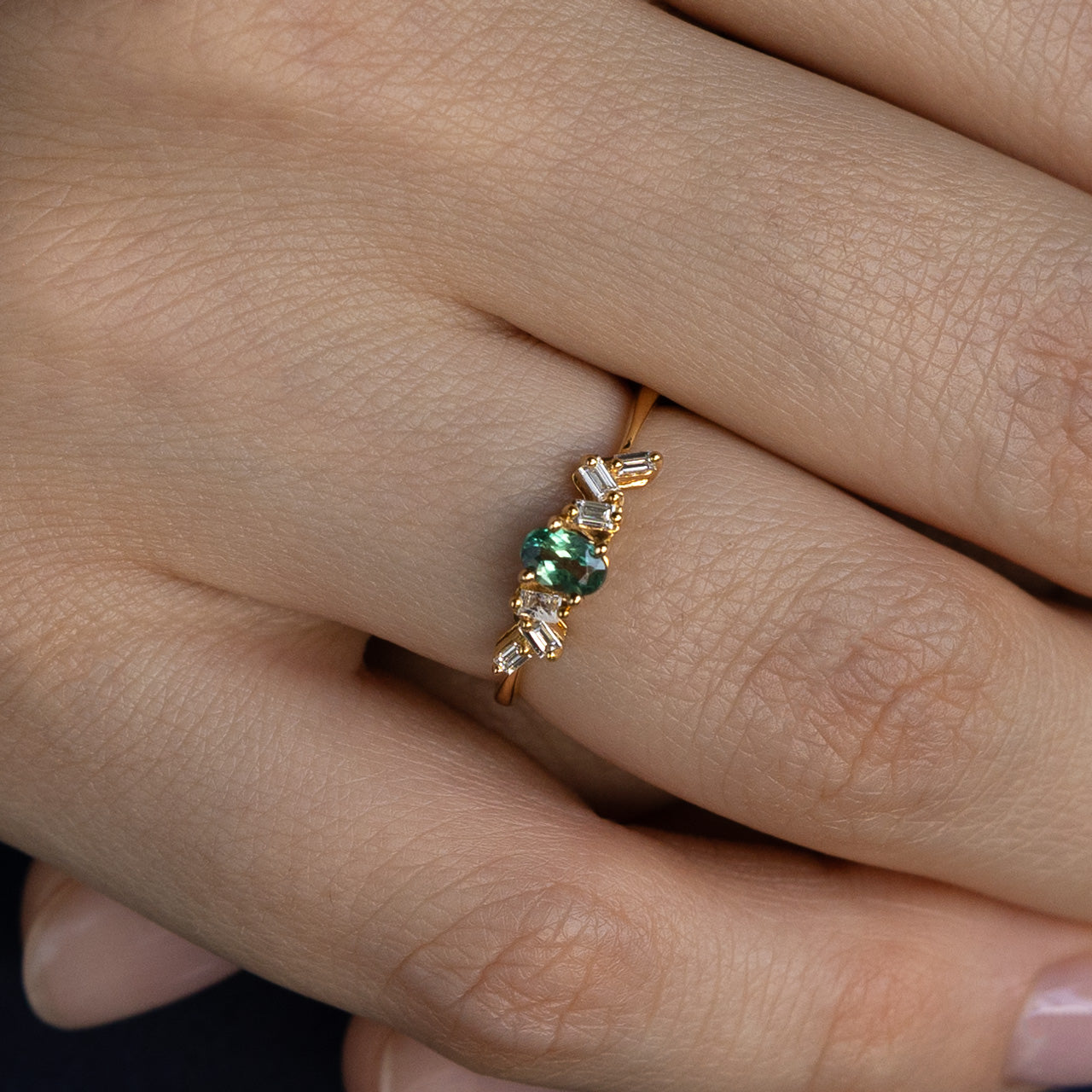 0.35ct natural alexandrite and diamond 18k yellow gold stackable ring on hand