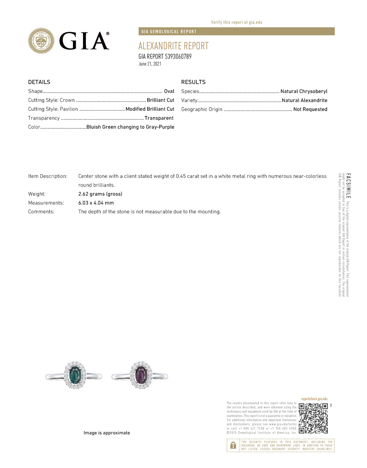 0.45ct Alexandrite and diamond ring certified by GIA in 18k white gold setting