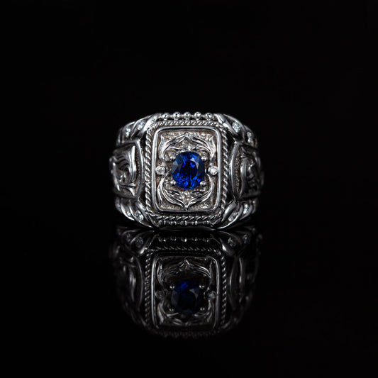 0.80ct Natural Blue Sapphire 18k White Gold Men's Signet Ring
