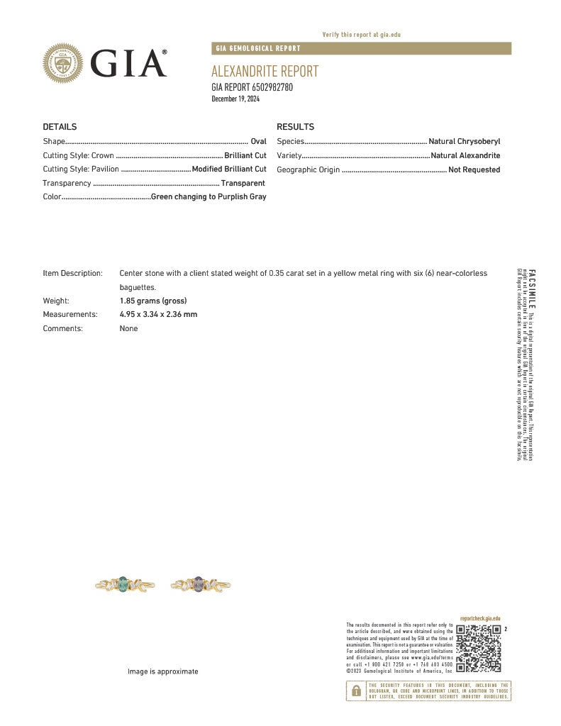 0.35ct natural alexandrite oval cut ring in 18k yellow gold with six baguette diamond accents and certified by GIA