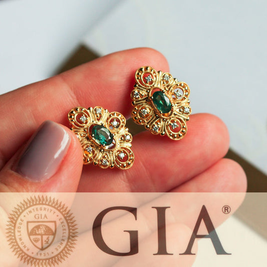 Natural Alexandrite Diamond 18k Yellow Gold Stud Filigree Earrings, GIA certified - The Alexandrite