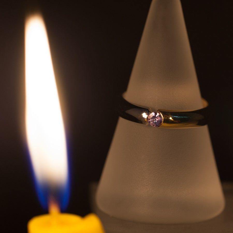 The two-toned gold wedding band displayed beside a candle for ambiance