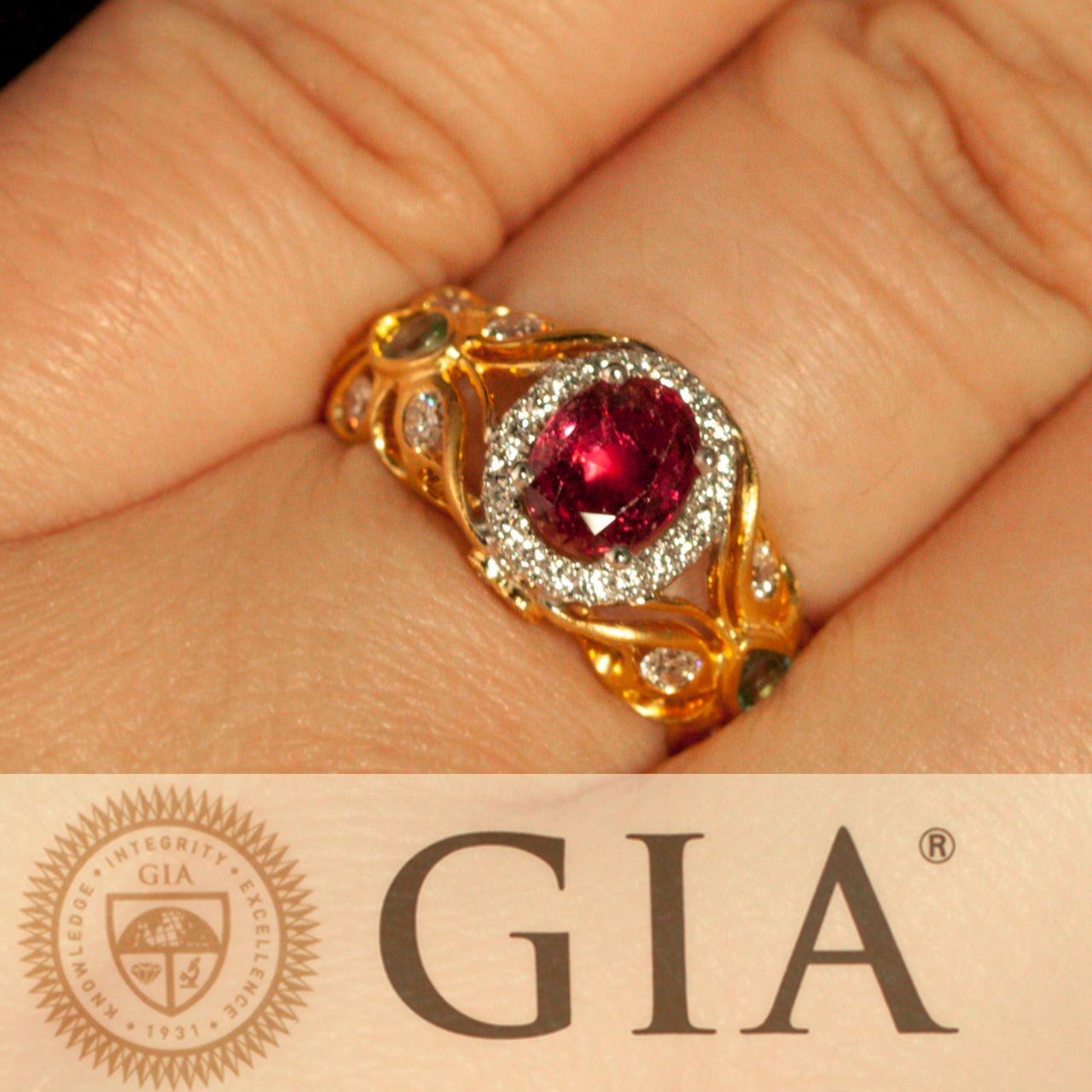 Close-up of a 1.03ct untreated natural ruby ring in 18k multitone gold on a female hand