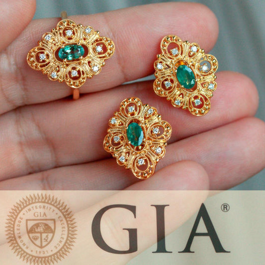 Natural Alexandrite Diamond 18k Yellow Gold Filigree Set, GIA certified - The Alexandrite