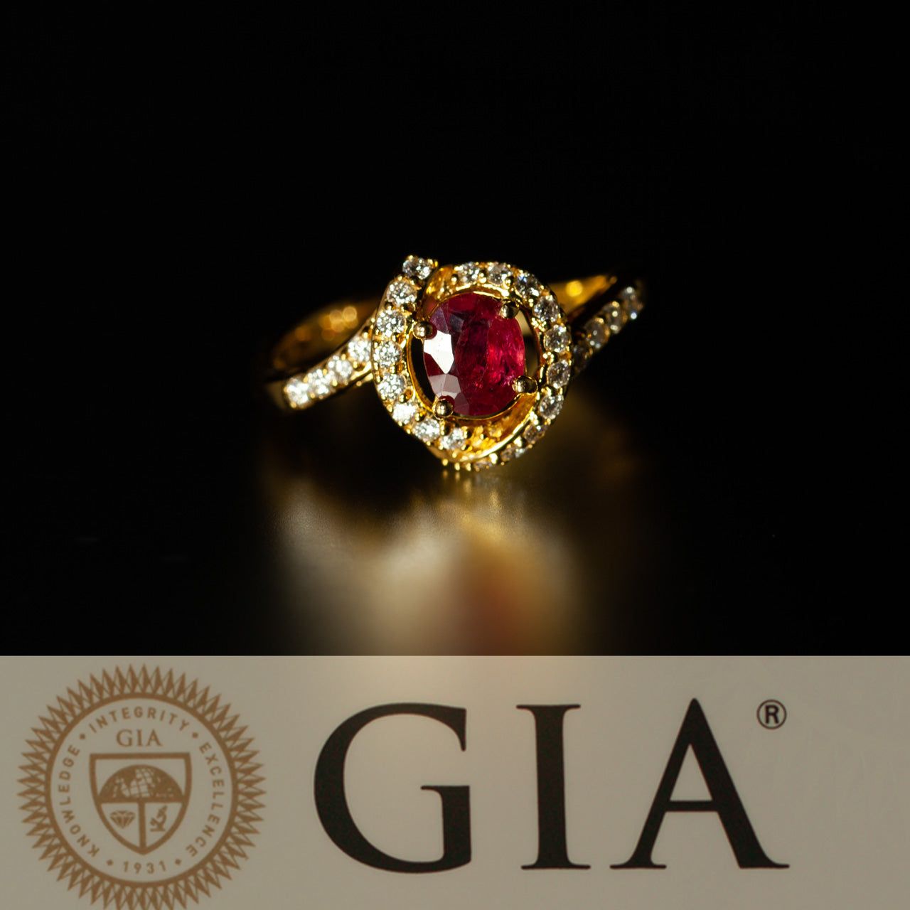 Close-up of a 0.54ct natural ruby set in an 18k yellow gold band
