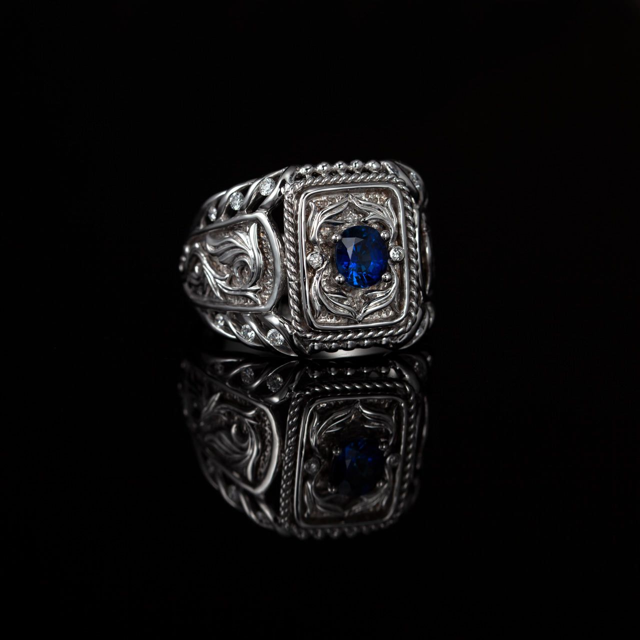 18k white gold signet ring for men with a 0.80ct blue sapphire set on top